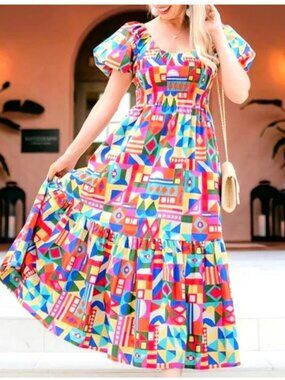 Antonio Melani Arabella Dress Womens Small Multicolor Geometric Puff Sleeve Maxi